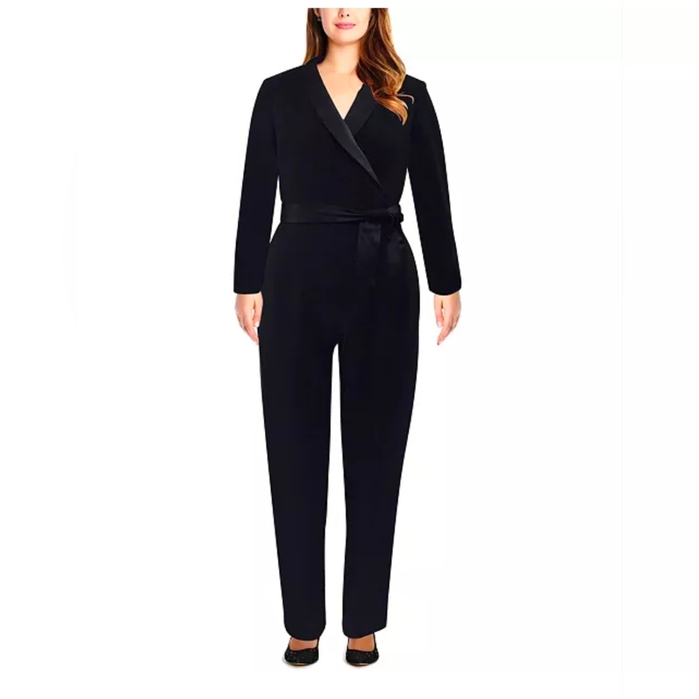 Adrianna Papell Black Wrap-Front Long Sleeve Jumpsuit with Tie Belt